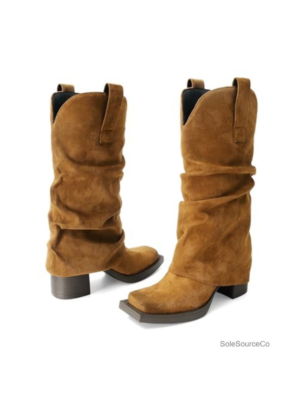 Faux Suede Fold Over Boots Square Toe Chunky Block Heel Pull On Western - Picture 4 of 6